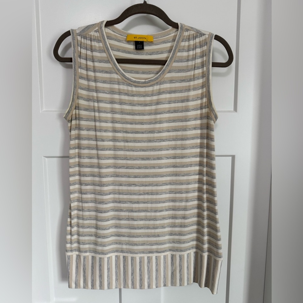 St. John Beige & Grey Striped Women's sleeveless Top